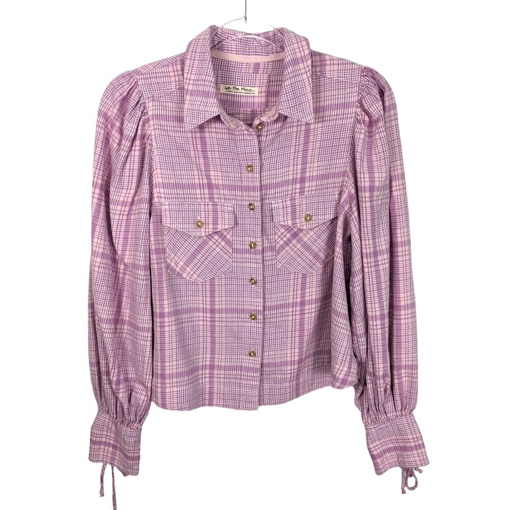 Free People We The Free Lilac Pink Plaid Puff Sleeve Cropped Flannel Top XS